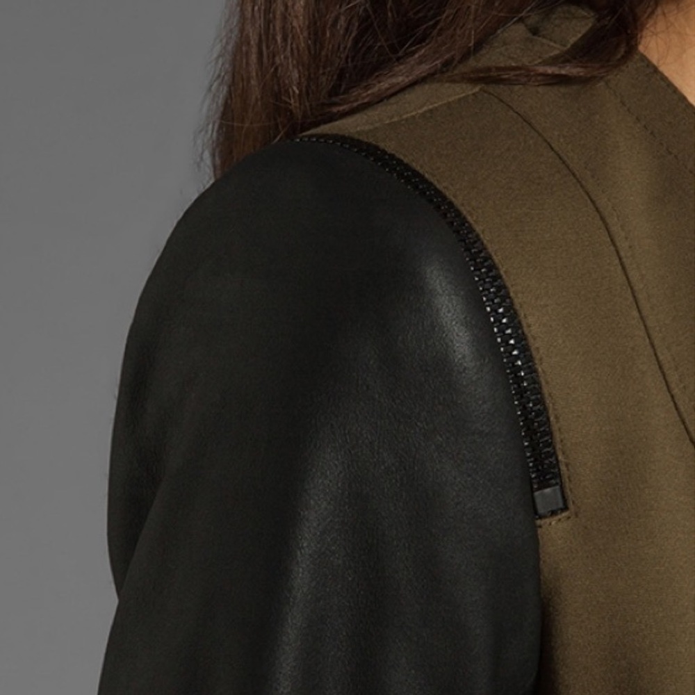 Theory Yaisa Pryor Leather Sleeve Blazer Jacket Olive Green & Black Large - Picture 4 of 16